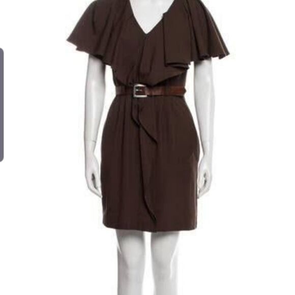 Black Halo  Black Ruffled Overlay Crepe V Neck Mini Sheath Dress Career sz 6 - Picture 1 of 6